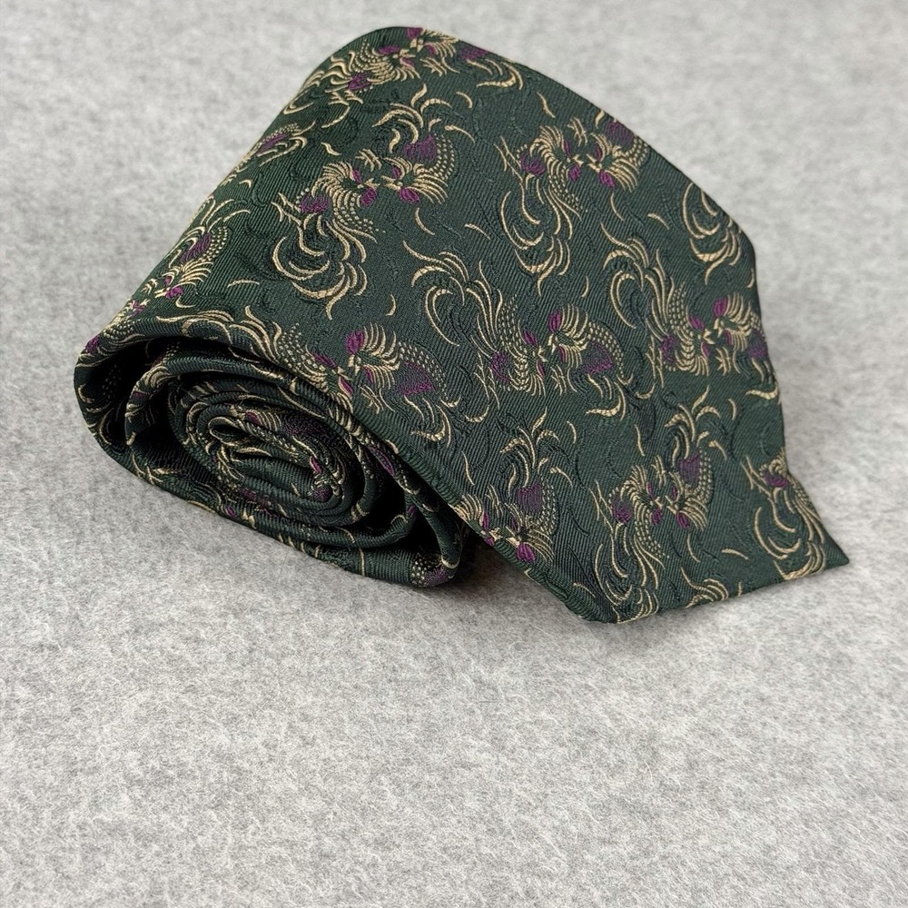 Vintage Garrick Anderson Handmade Silk Tie Green Gold Purple Roosters 58x4.1"